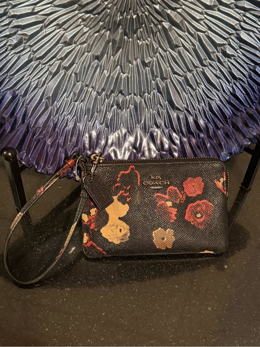 Coach Black Floral Leather Wristlet with Red & Tan Accents